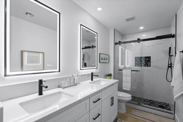 Double-vanity bath with walk-in shower